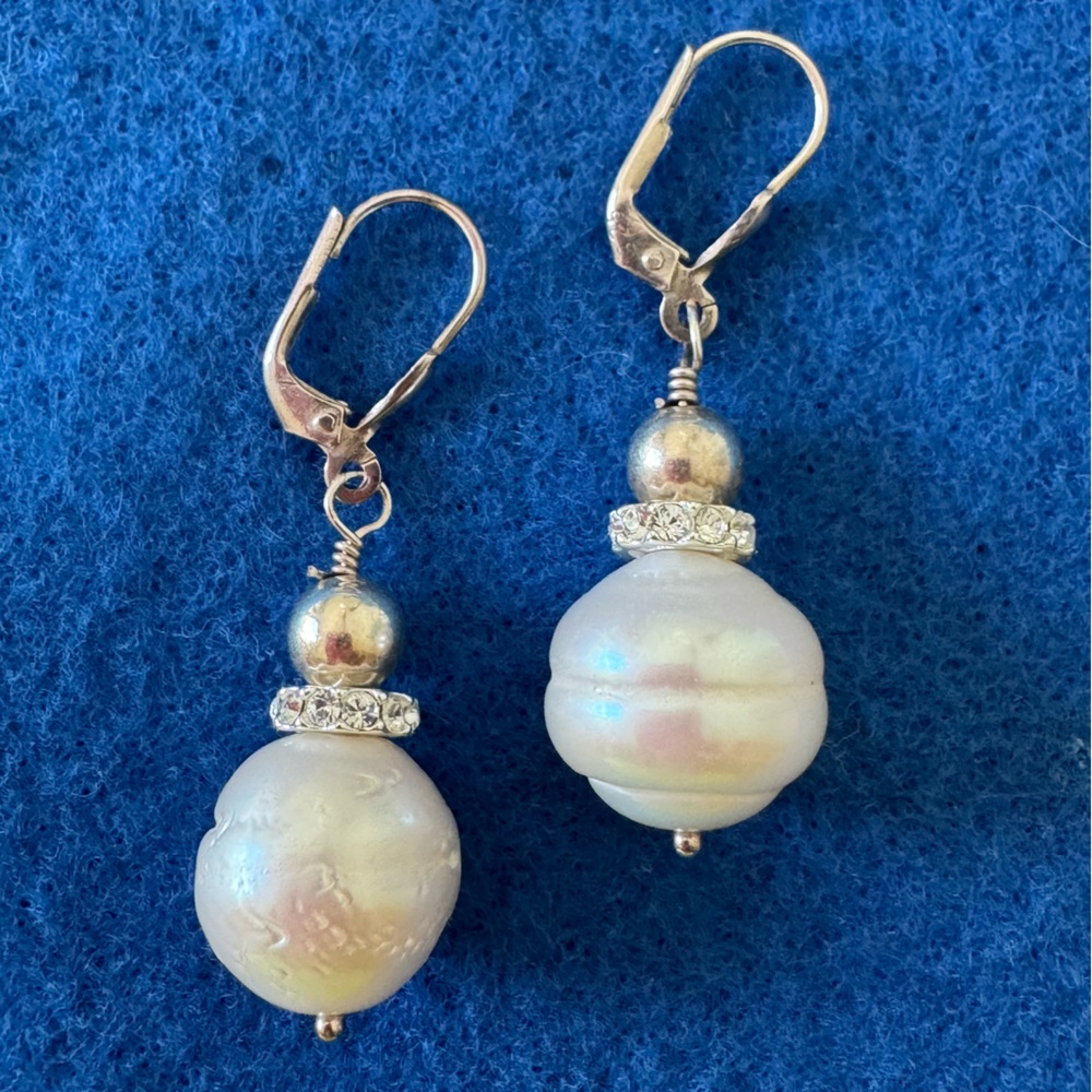 925 Sterling Silver Baroque Pearl Diamond Crystal Drop Earrings NEW - Picture 5 of 12